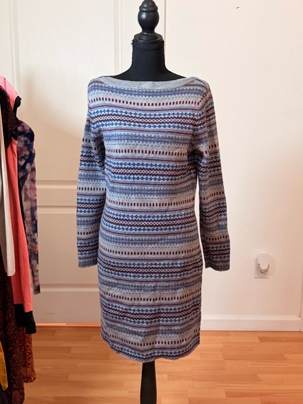 LL Bean Signature Merino Wool Fair Isle Sweater Dress Size M Boat Neck
